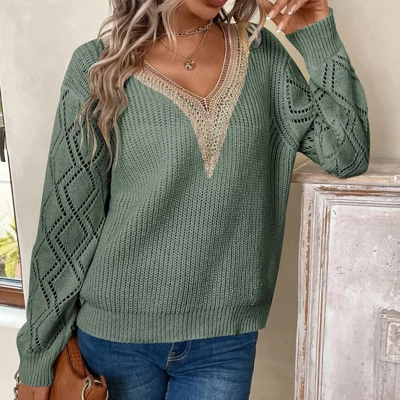 Casual V Neck Knitted Pullover Sweaters