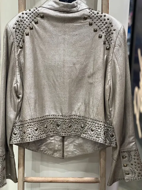 CF36-5 CRACKLED LEATHER PEWTER JKT W/STUDS-L
