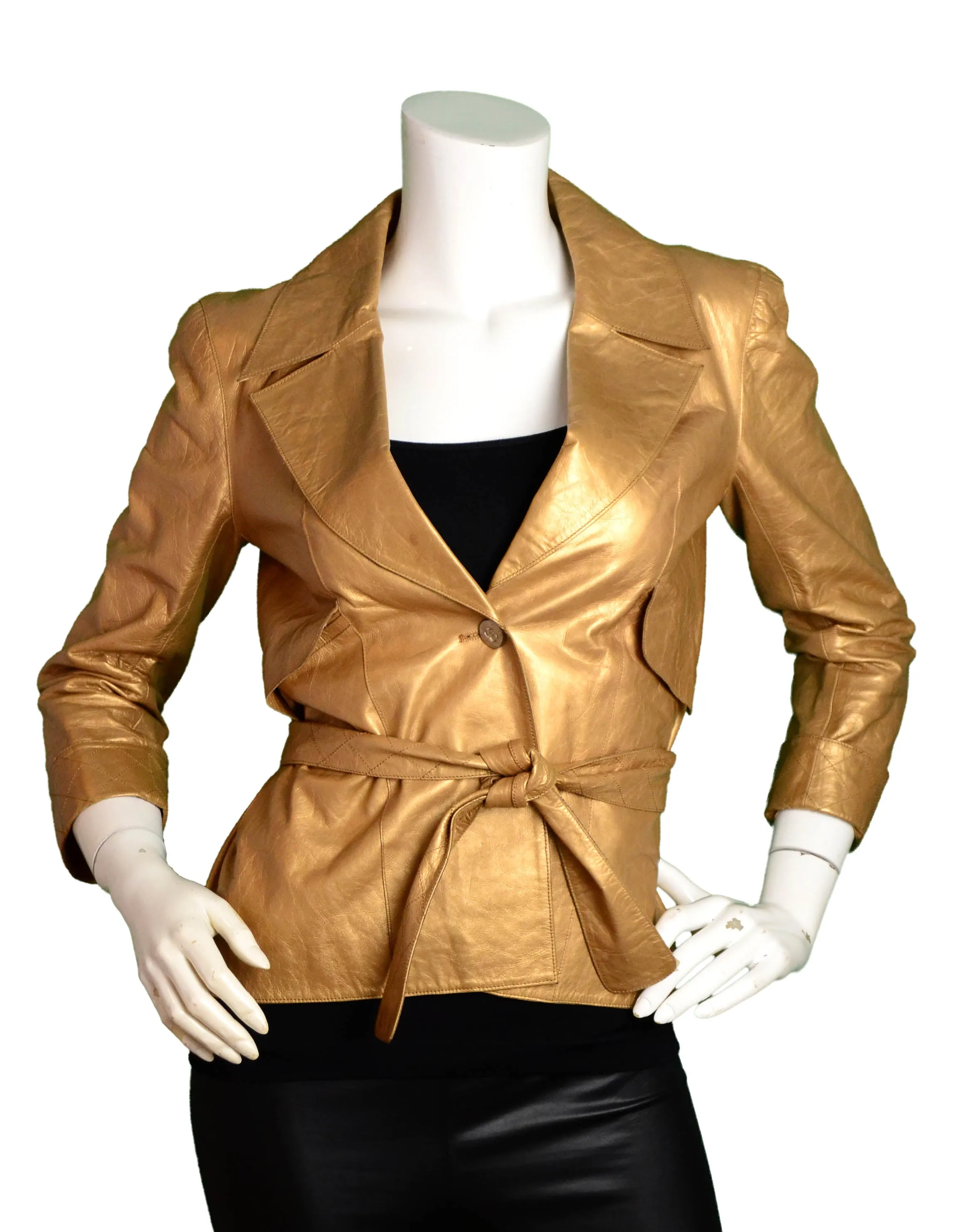 Chanel Gold Leather Single Button Jacket w. Belt FR38/ US 4-6