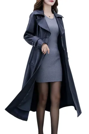 Chouyatou Women's Elegant Lapel Collar 2 Button Fit-Flare Pu Leather Long Trench Coat