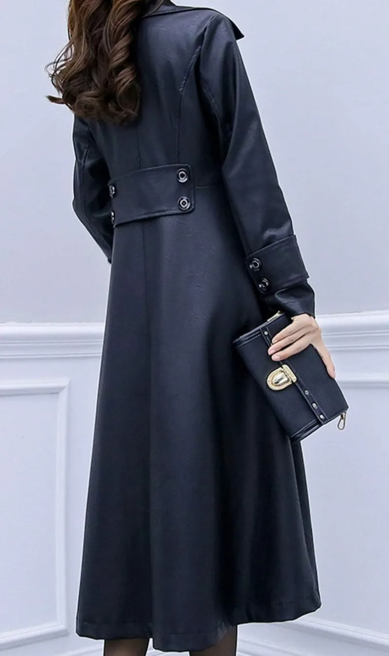 Chouyatou Women's Elegant Lapel Collar 2 Button Fit-Flare Pu Leather Long Trench Coat
