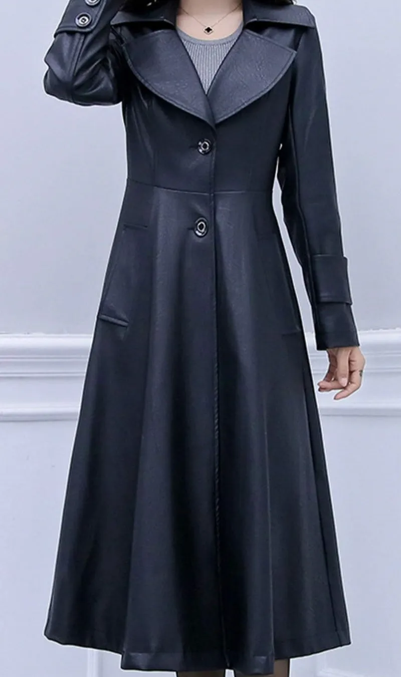 Chouyatou Women's Elegant Lapel Collar 2 Button Fit-Flare Pu Leather Long Trench Coat