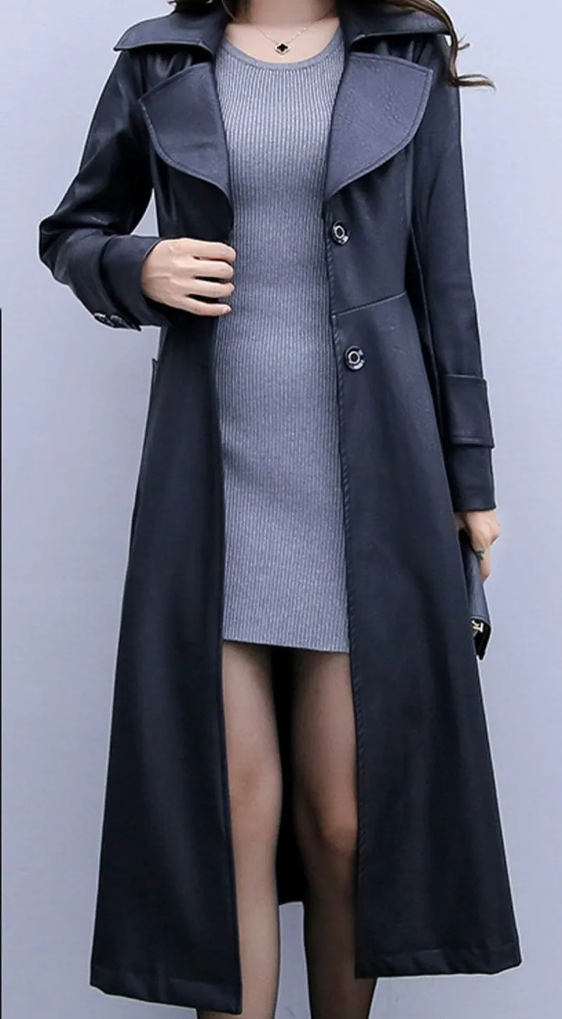 Chouyatou Women's Elegant Lapel Collar 2 Button Fit-Flare Pu Leather Long Trench Coat