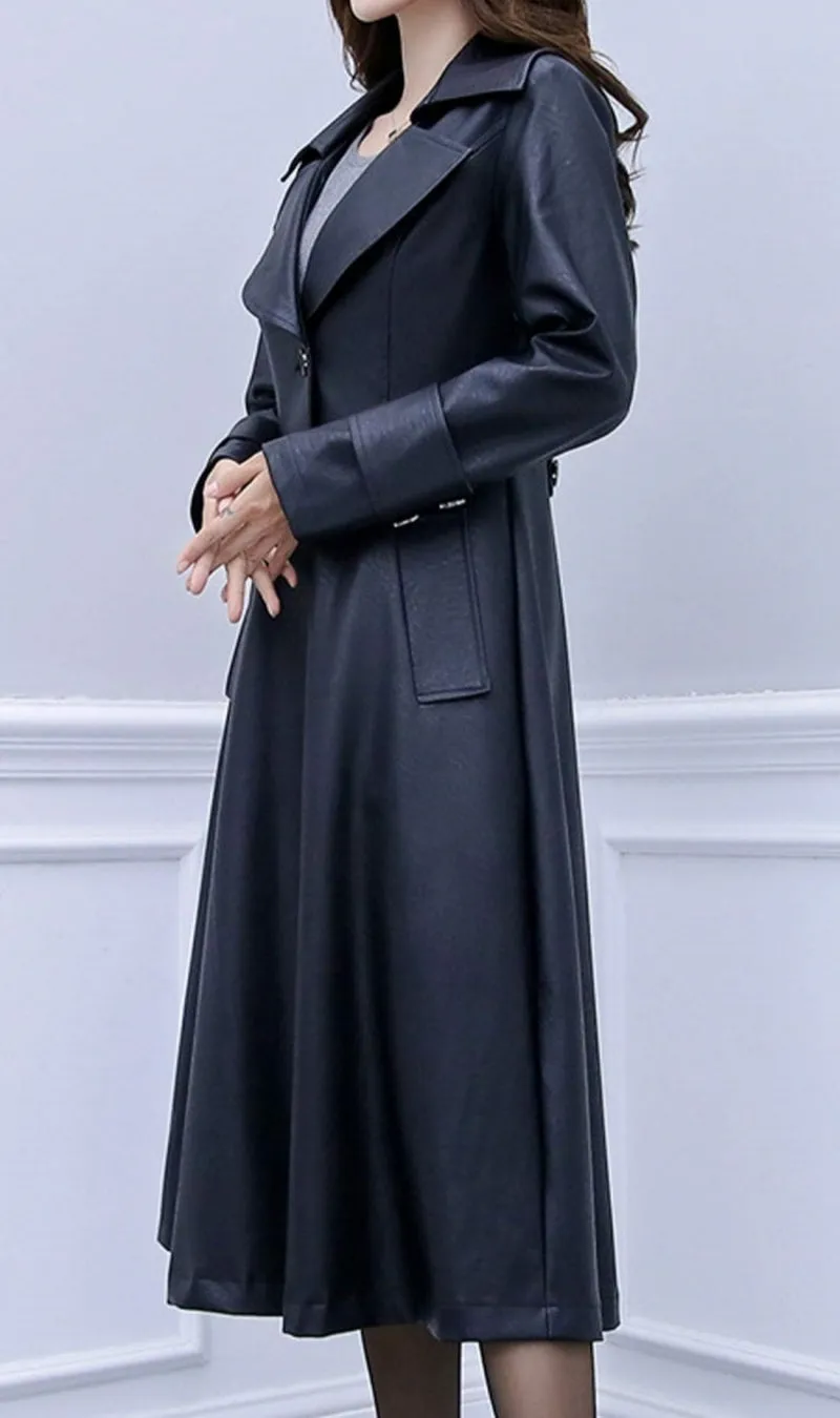 Chouyatou Women's Elegant Lapel Collar 2 Button Fit-Flare Pu Leather Long Trench Coat