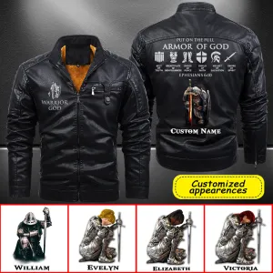 Christianartbag Leather Jacket, Warrior Of God Personalized Leather Jacket, Warm Jacket, Winter Outer Wear Personalized Leather Jacket, Warm Jacket, Winter Outer Wear, Gift for Him, CABJKL04061123.