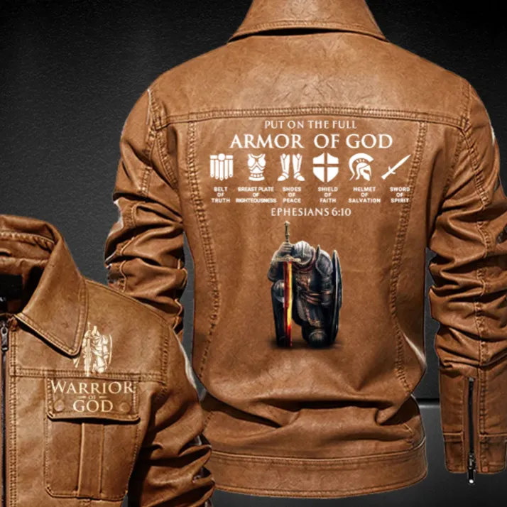 Christianartbag Leather Jacket, Warrior Of God Personalized Leather Jacket, Warm Jacket, Winter Outer Wear Personalized Leather Jacket, Warm Jacket, Winter Outer Wear, Gift for Him, CABJKL04061123.