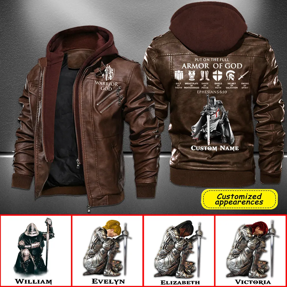 Christianartbag Leather Jacket, Warrior Of God Personalized Leather Jacket, Warm Jacket, Winter Outer Wear Personalized Leather Jacket, Warm Jacket, Winter Outer Wear, Gift for Him, CABJKL04061123.