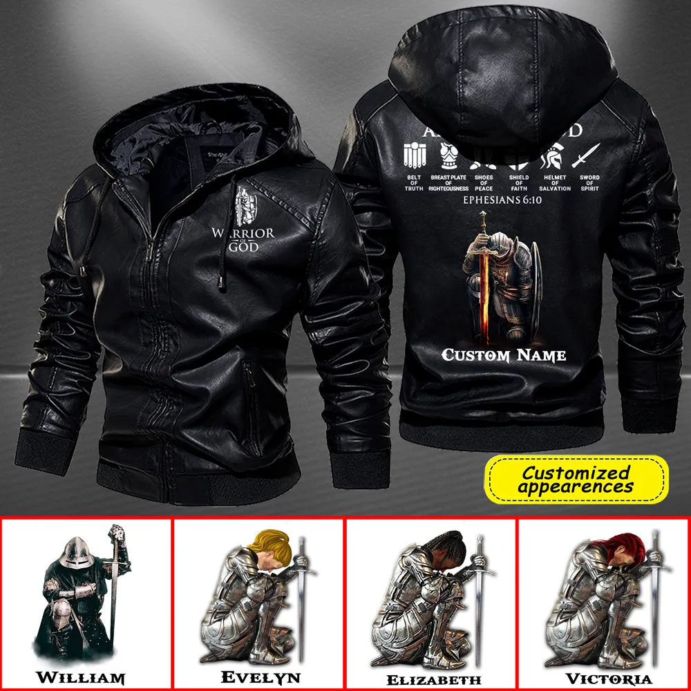 Christianartbag Leather Jacket, Warrior Of God Personalized Leather Jacket, Warm Jacket, Winter Outer Wear Personalized Leather Jacket, Warm Jacket, Winter Outer Wear, Gift for Him, CABJKL04061123.