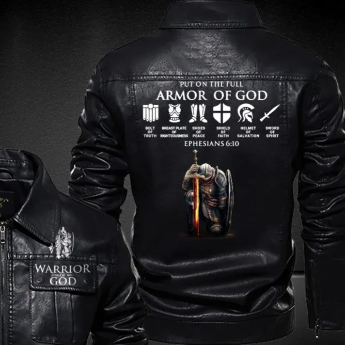Christianartbag Leather Jacket, Warrior Of God Personalized Leather Jacket, Warm Jacket, Winter Outer Wear Personalized Leather Jacket, Warm Jacket, Winter Outer Wear, Gift for Him, CABJKL04061123.