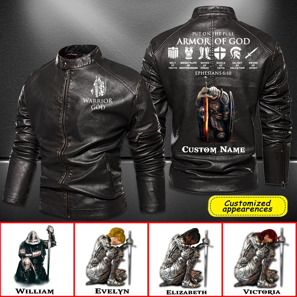 Christianartbag Leather Jacket, Warrior Of God Personalized Leather Jacket, Warm Jacket, Winter Outer Wear Personalized Leather Jacket, Warm Jacket, Winter Outer Wear, Gift for Him, CABJKL04061123.