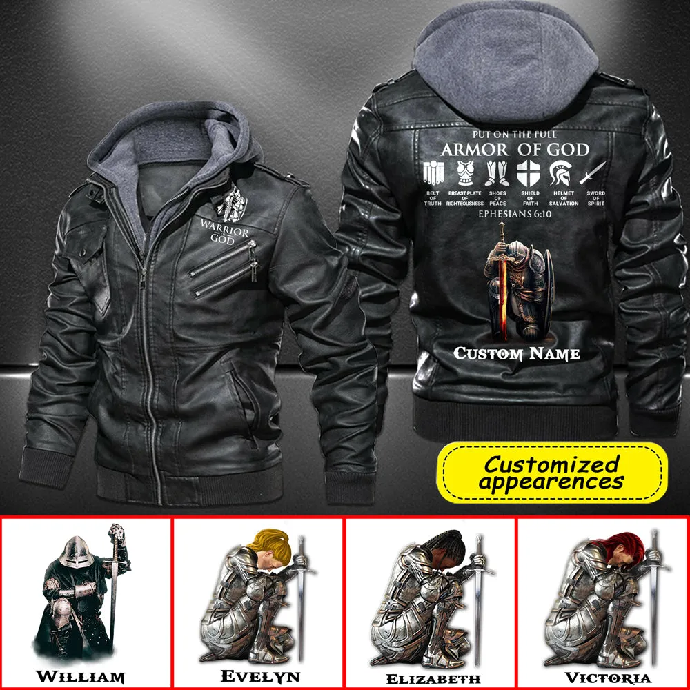 Christianartbag Leather Jacket, Warrior Of God Personalized Leather Jacket, Warm Jacket, Winter Outer Wear Personalized Leather Jacket, Warm Jacket, Winter Outer Wear, Gift for Him, CABJKL04061123.