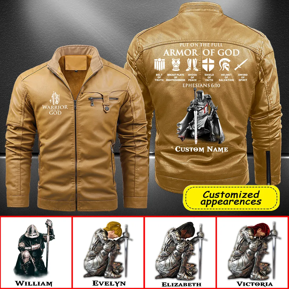 Christianartbag Leather Jacket, Warrior Of God Personalized Leather Jacket, Warm Jacket, Winter Outer Wear Personalized Leather Jacket, Warm Jacket, Winter Outer Wear, Gift for Him, CABJKL04061123.
