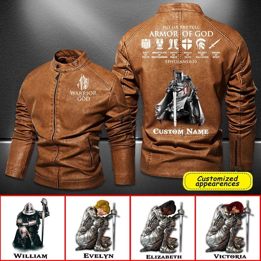 Christianartbag Leather Jacket, Warrior Of God Personalized Leather Jacket, Warm Jacket, Winter Outer Wear Personalized Leather Jacket, Warm Jacket, Winter Outer Wear, Gift for Him, CABJKL04061123.