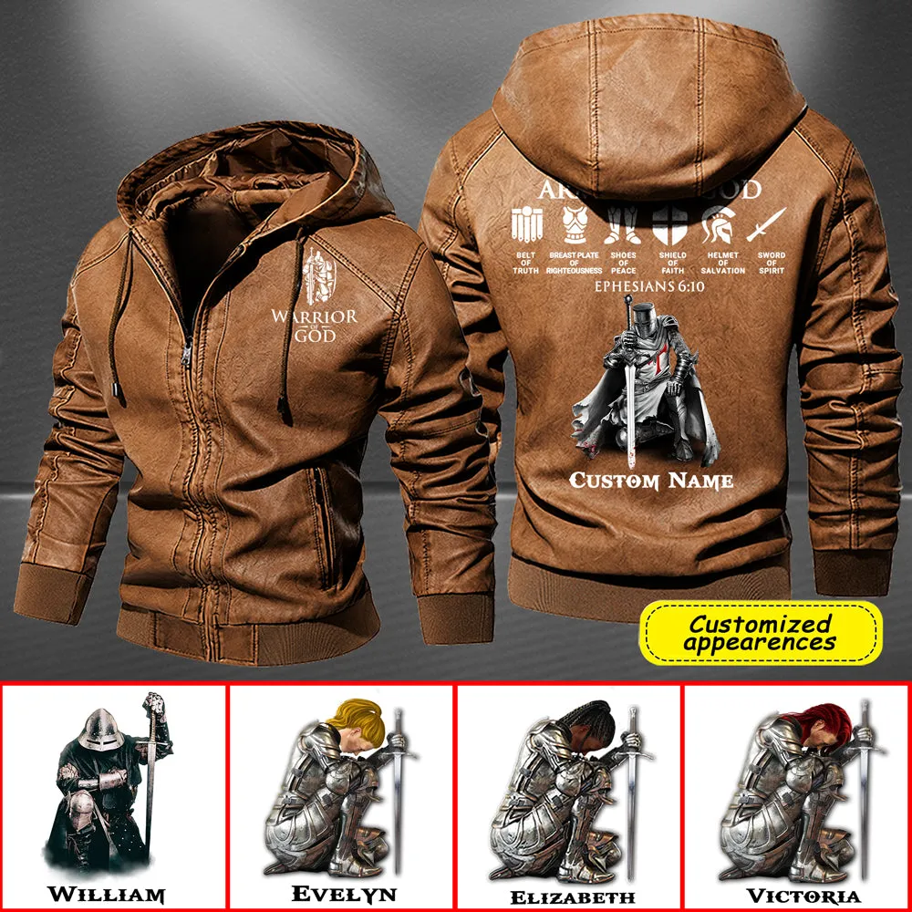 Christianartbag Leather Jacket, Warrior Of God Personalized Leather Jacket, Warm Jacket, Winter Outer Wear Personalized Leather Jacket, Warm Jacket, Winter Outer Wear, Gift for Him, CABJKL04061123.