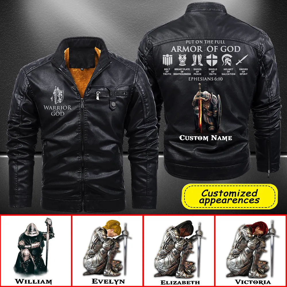 Christianartbag Leather Jacket, Warrior Of God Personalized Leather Jacket, Warm Jacket, Winter Outer Wear Personalized Leather Jacket, Warm Jacket, Winter Outer Wear, Gift for Him, CABJKL04061123.