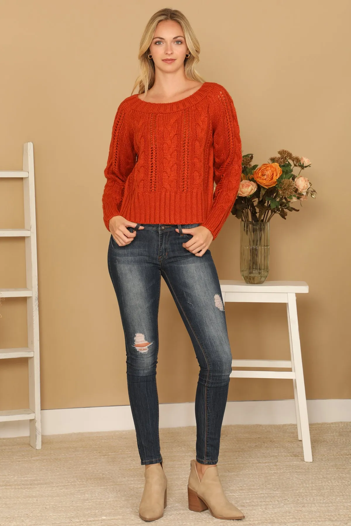 CHUNKY CABLE KNIT OFF SHOULDER CROP SWEATER