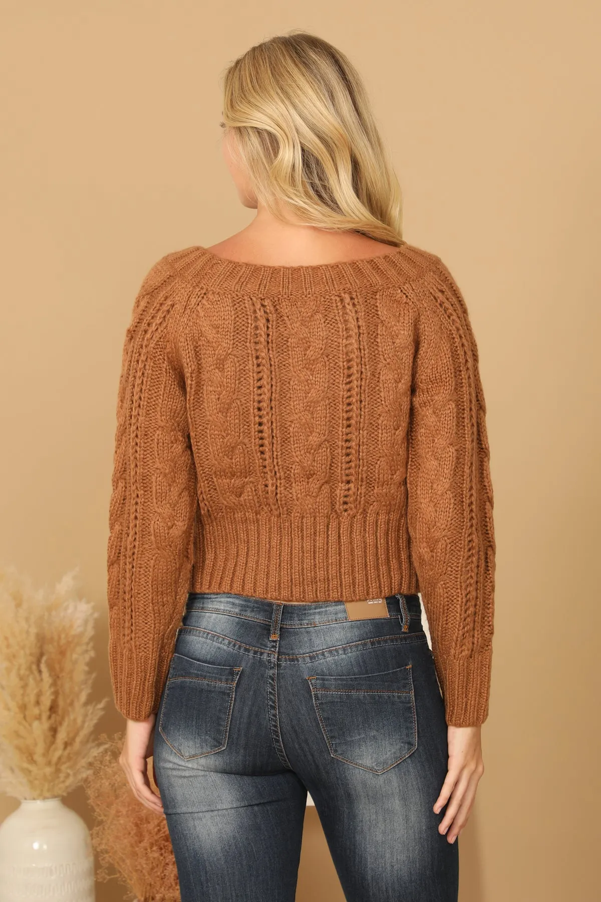 CHUNKY CABLE KNIT OFF SHOULDER CROP SWEATER