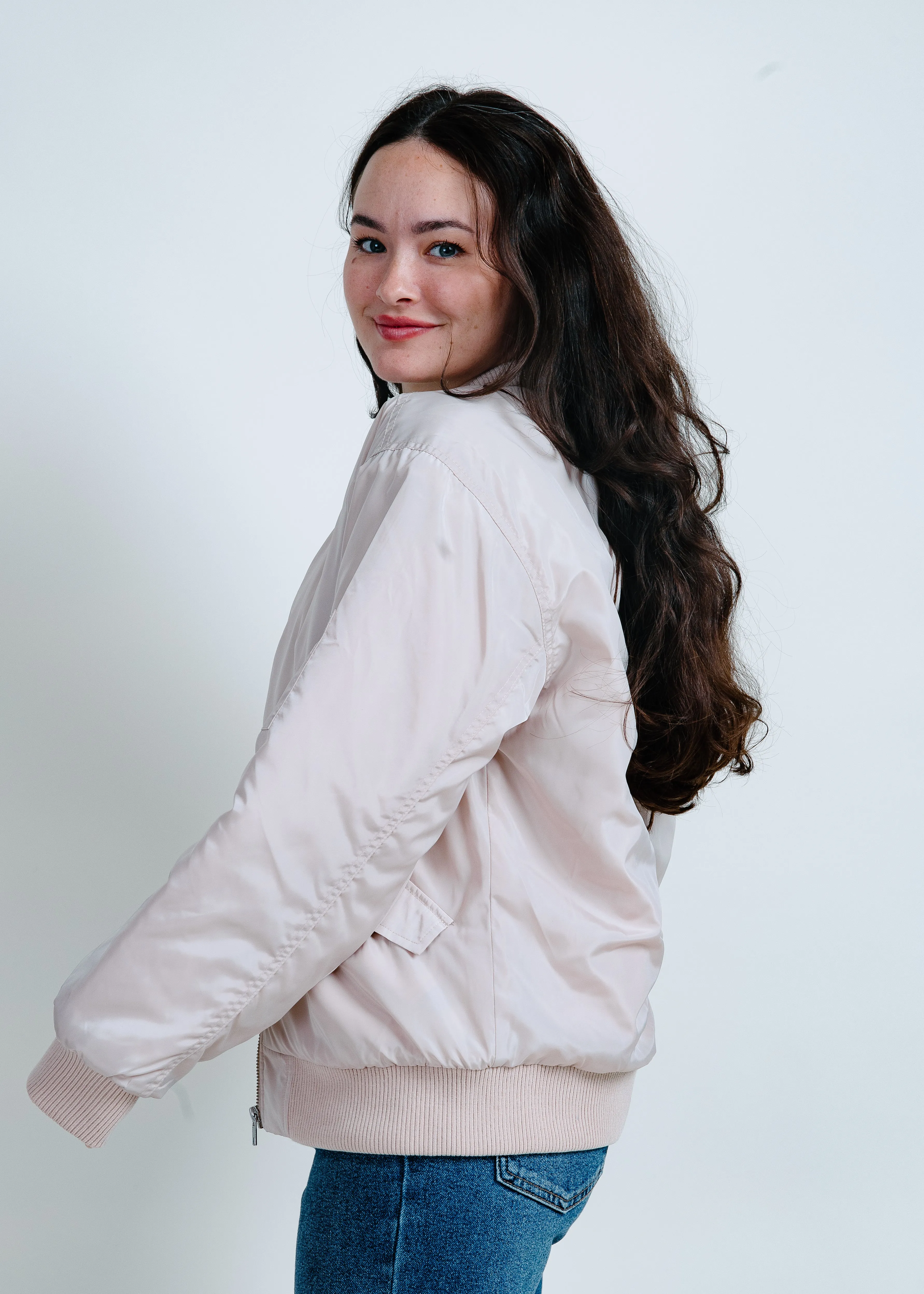 City Girl Ruched Bomber Jacket - Cream