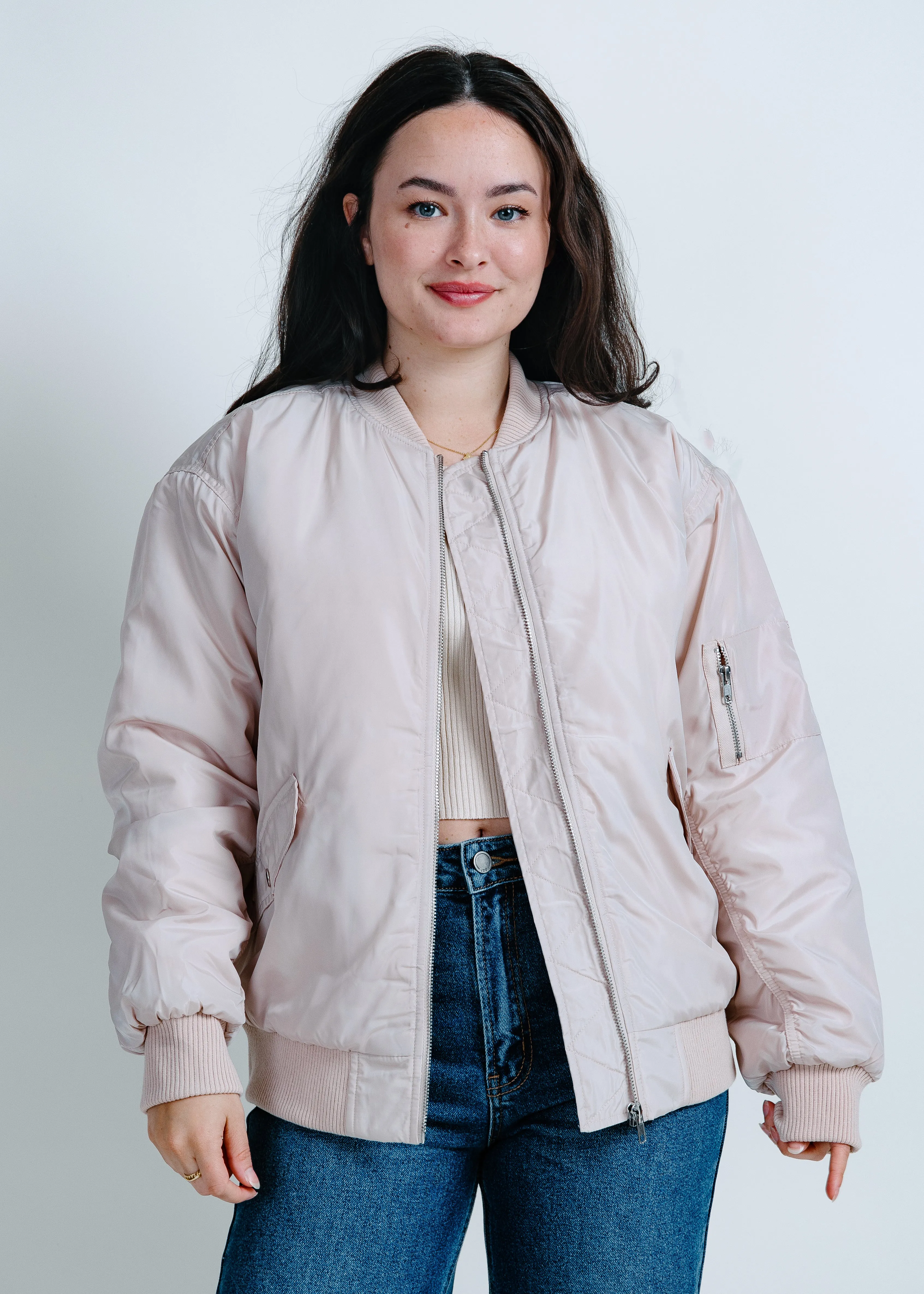 City Girl Ruched Bomber Jacket - Cream