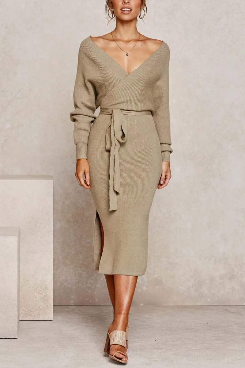 CityHottie V Neck Backless Sweater Dress(5 Colors)