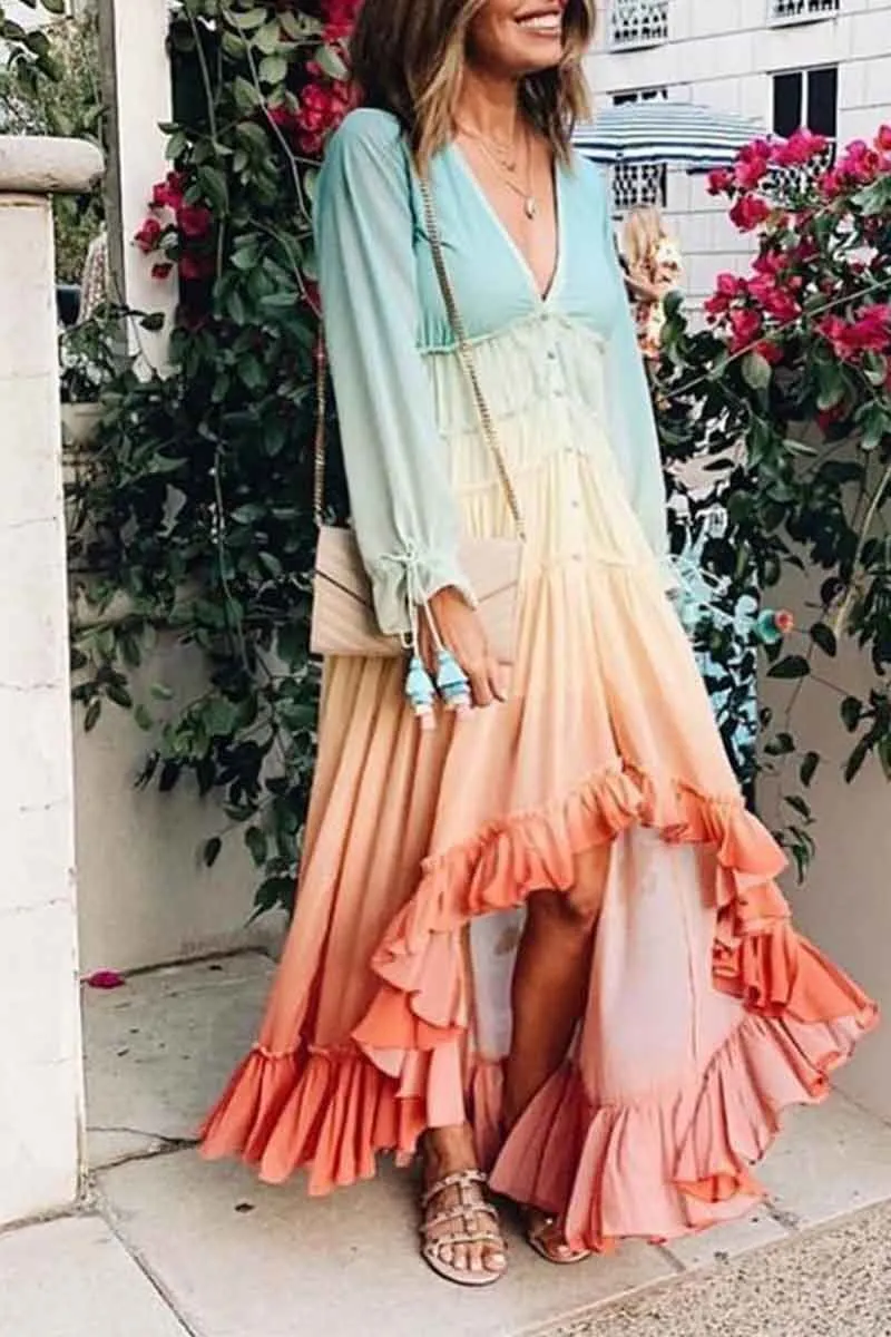 CityHottie V Neck Long Sleeve Gradient Dress