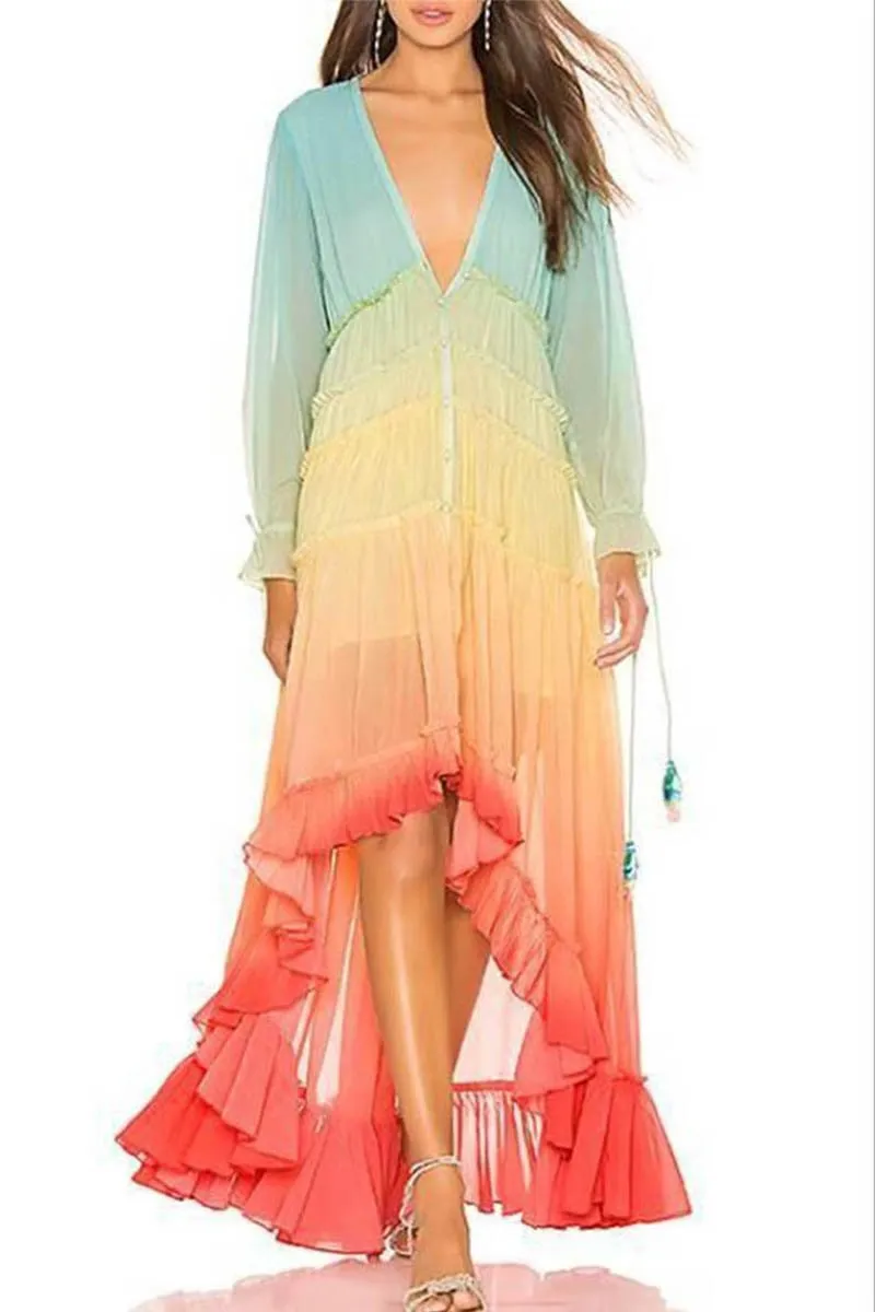 CityHottie V Neck Long Sleeve Gradient Dress