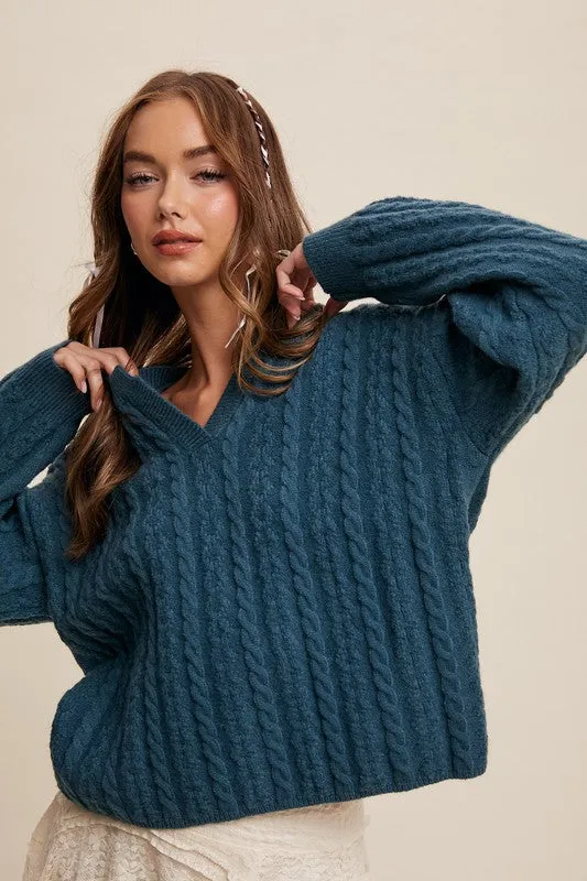 CLASSIC V-NECK CABLE KNIT SWEATER