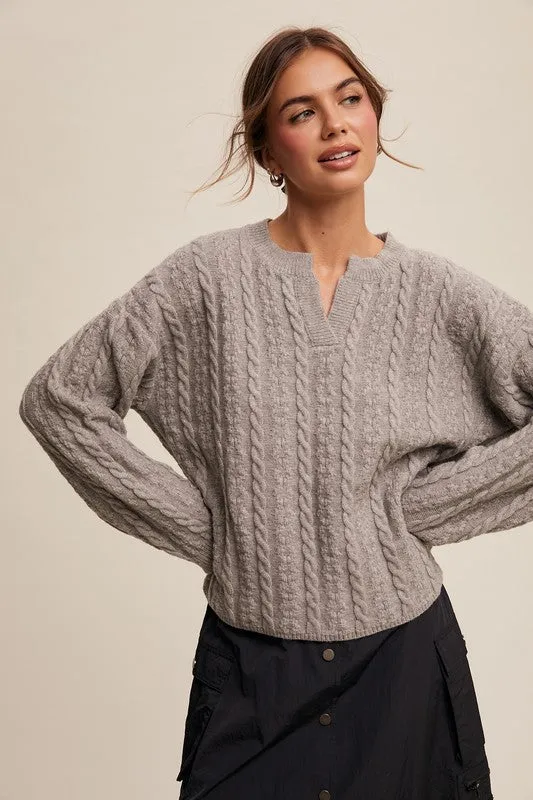 CLASSIC V-NECK CABLE KNIT SWEATER