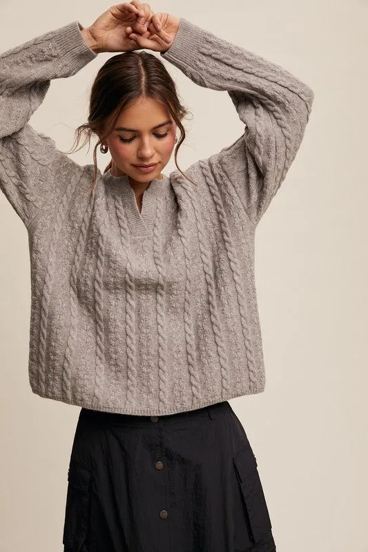CLASSIC V-NECK CABLE KNIT SWEATER