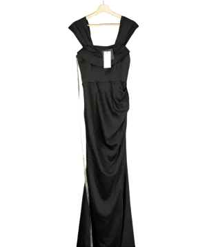 CLUBL Black Bardot Fishtail Satin Maxi Dress UK 10