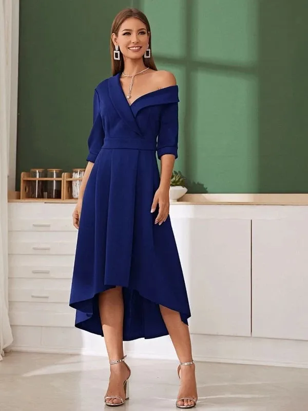 CM-DS102429 Women Elegant Seoul Style Shawl Collar Asymmetrical Neck Flare Dress - Blue