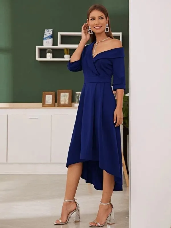 CM-DS102429 Women Elegant Seoul Style Shawl Collar Asymmetrical Neck Flare Dress - Blue