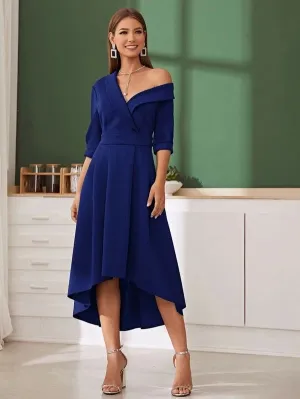 CM-DS102429 Women Elegant Seoul Style Shawl Collar Asymmetrical Neck Flare Dress - Blue