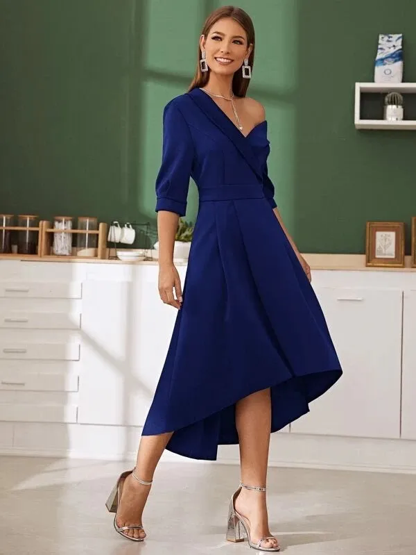 CM-DS102429 Women Elegant Seoul Style Shawl Collar Asymmetrical Neck Flare Dress - Blue