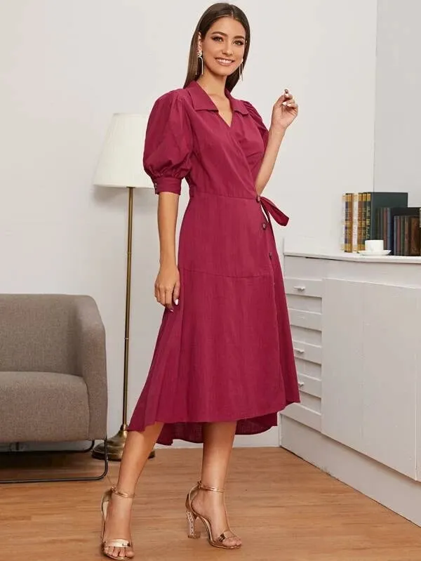 CM-DS220332 Women Casual Seoul Style Puff Sleeve Button Front Wrap Belted Dress - Wine Red