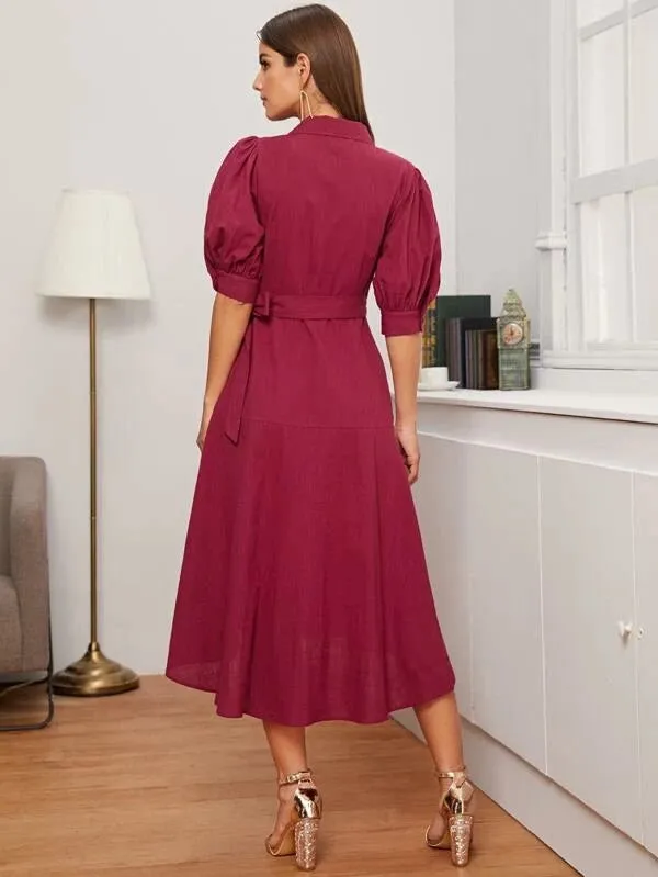 CM-DS220332 Women Casual Seoul Style Puff Sleeve Button Front Wrap Belted Dress - Wine Red