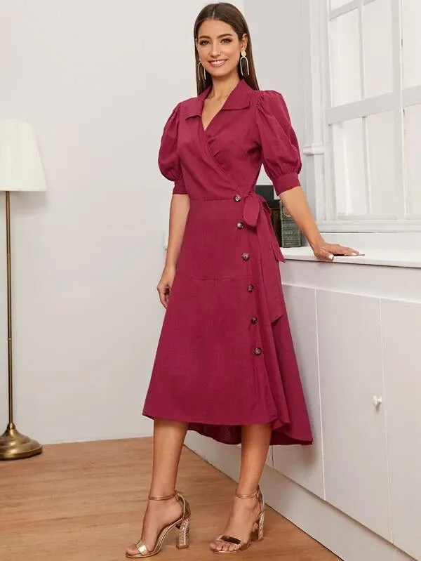 CM-DS220332 Women Casual Seoul Style Puff Sleeve Button Front Wrap Belted Dress - Wine Red