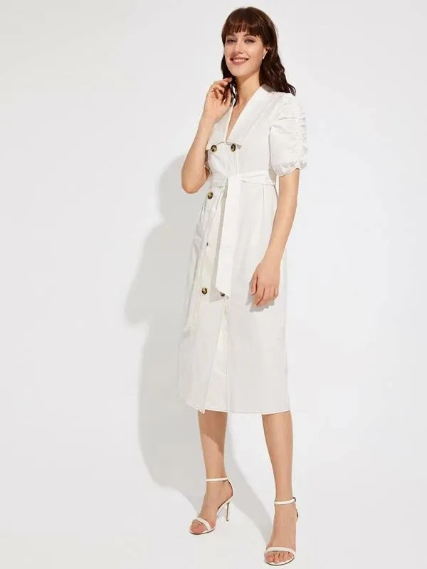 CM-DS221493 Women Elegant Seoul Style Collared Double Breasted Gathered Sleeve Self Belted Dress