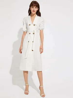 CM-DS221493 Women Elegant Seoul Style Collared Double Breasted Gathered Sleeve Self Belted Dress