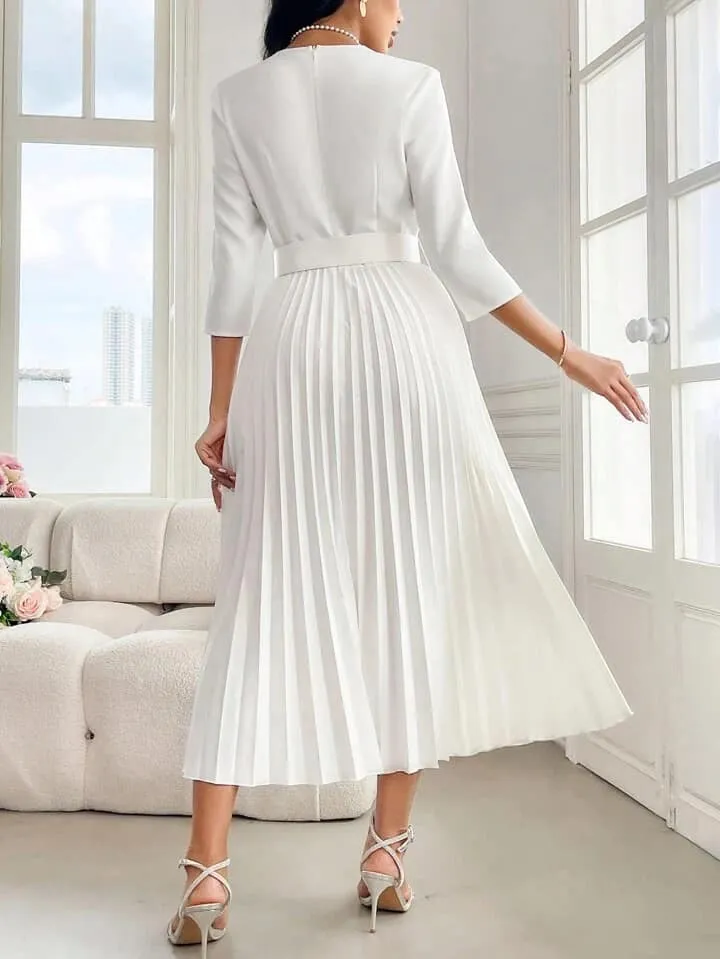 CM-DS263666 Women Elegant Seoul Style Solid Color Square Neck Long Sleeve Belted Pleated Dress - White