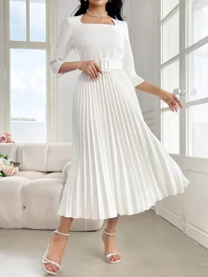 CM-DS263666 Women Elegant Seoul Style Solid Color Square Neck Long Sleeve Belted Pleated Dress - White