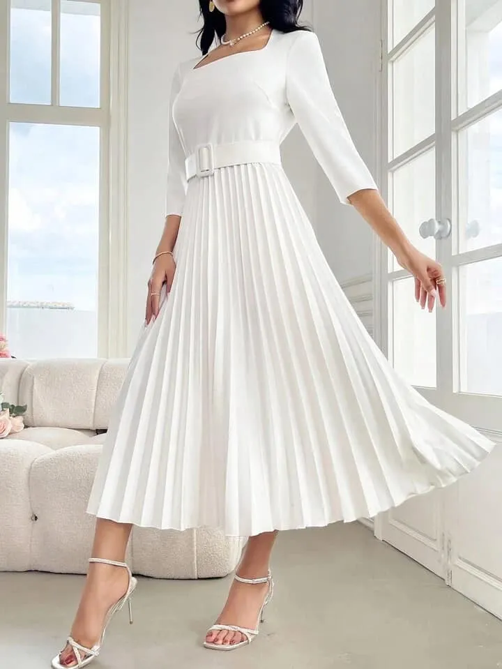 CM-DS263666 Women Elegant Seoul Style Solid Color Square Neck Long Sleeve Belted Pleated Dress - White