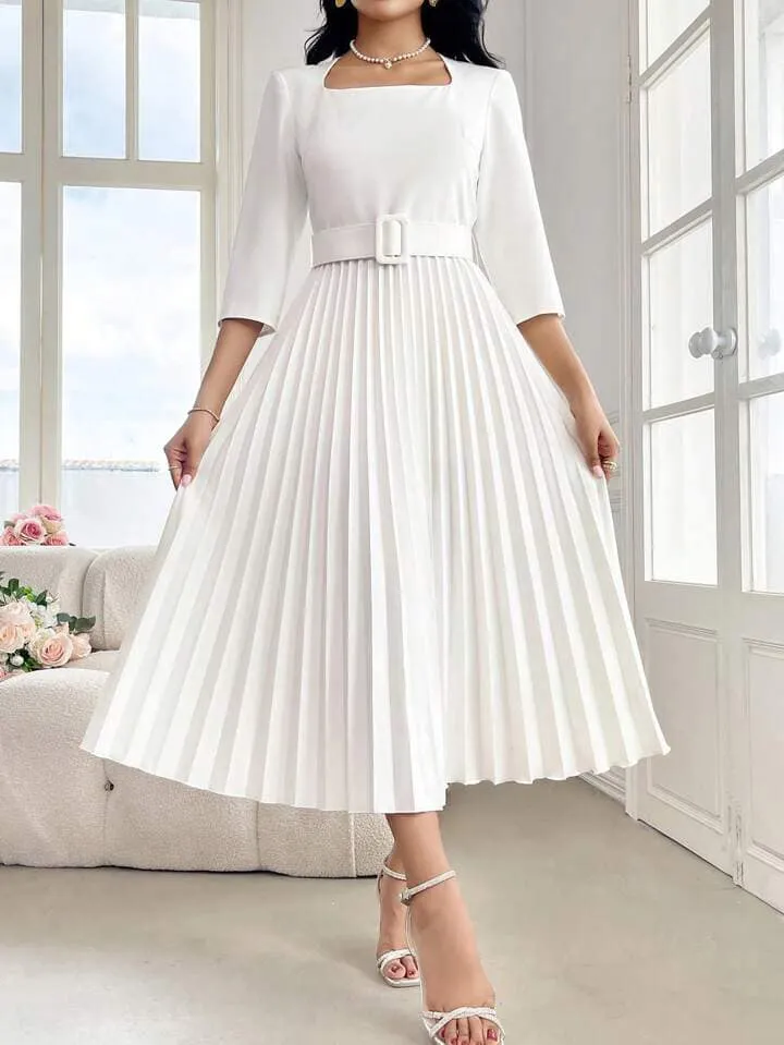CM-DS263666 Women Elegant Seoul Style Solid Color Square Neck Long Sleeve Belted Pleated Dress - White