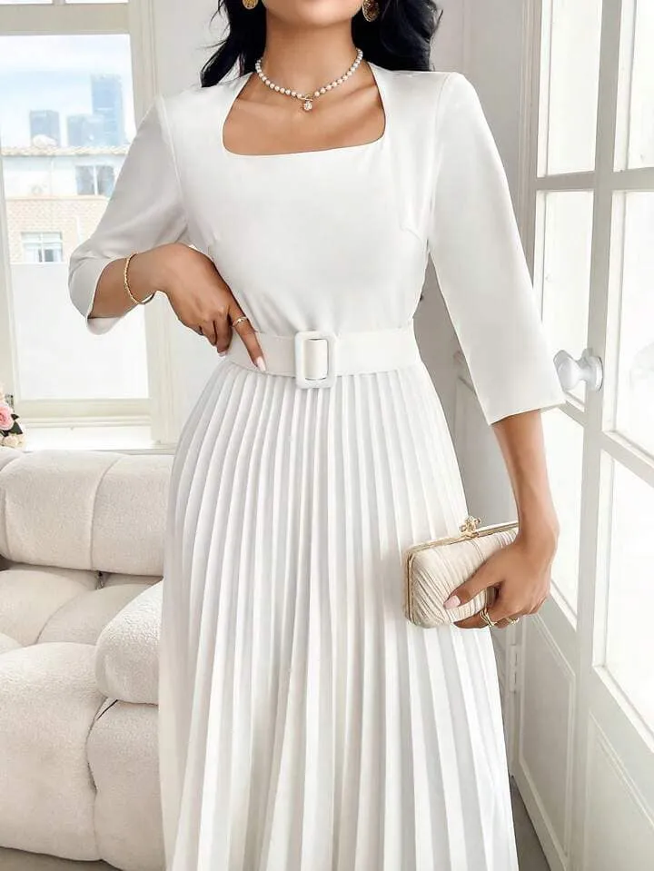 CM-DS263666 Women Elegant Seoul Style Solid Color Square Neck Long Sleeve Belted Pleated Dress - White