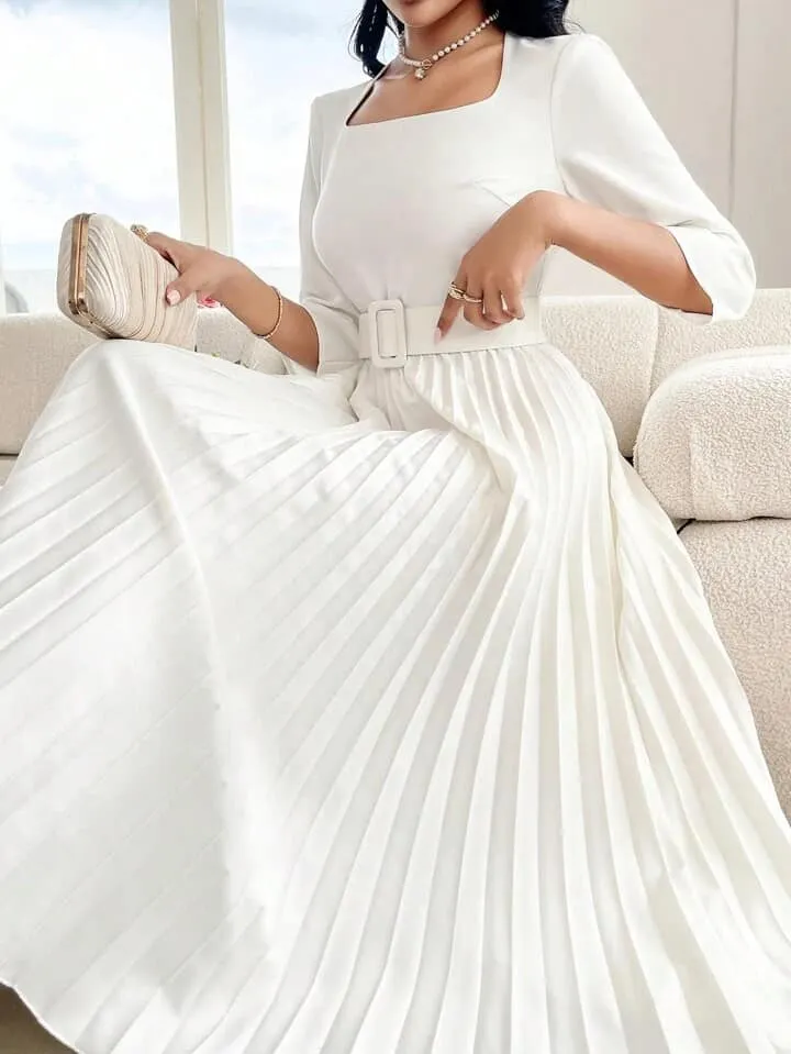 CM-DS263666 Women Elegant Seoul Style Solid Color Square Neck Long Sleeve Belted Pleated Dress - White