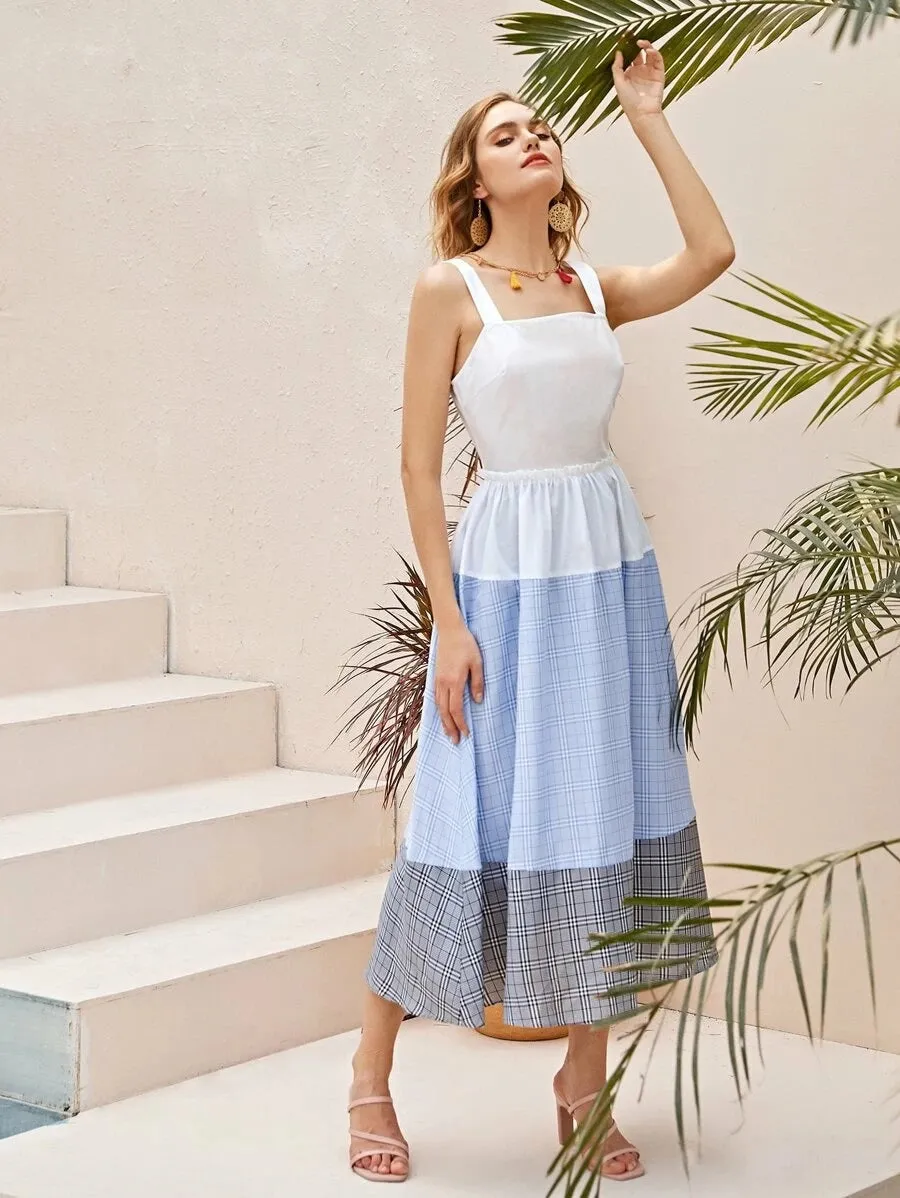 CM-DS408222 Women Casual Seoul Style Sleeveless Frill Detail Plaid Print Color Block Cami Dress