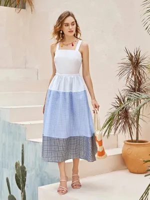 CM-DS408222 Women Casual Seoul Style Sleeveless Frill Detail Plaid Print Color Block Cami Dress