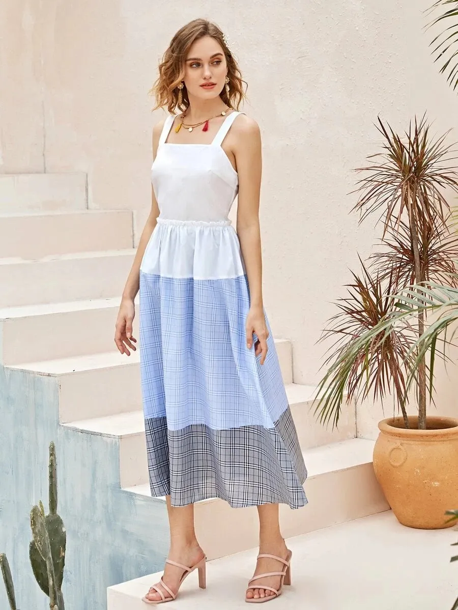 CM-DS408222 Women Casual Seoul Style Sleeveless Frill Detail Plaid Print Color Block Cami Dress