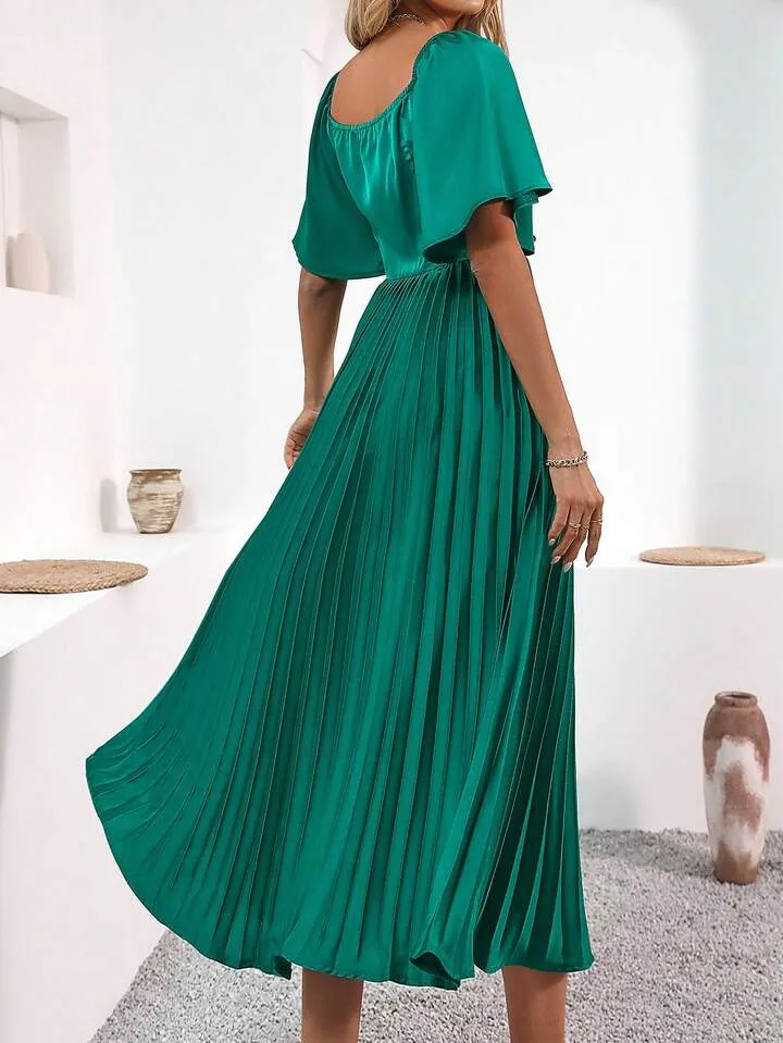 CM-DS655555 Women Elegant Seoul Style V-Neck Waist Cinched Ruffle Short Sleeve Pleated Dress