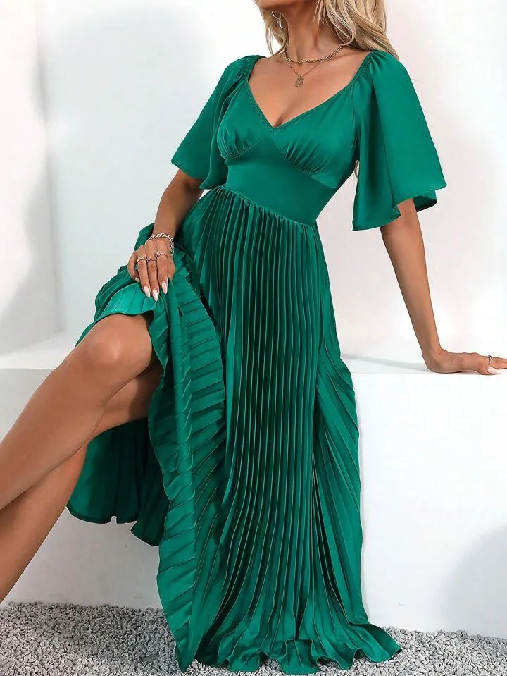 CM-DS655555 Women Elegant Seoul Style V-Neck Waist Cinched Ruffle Short Sleeve Pleated Dress